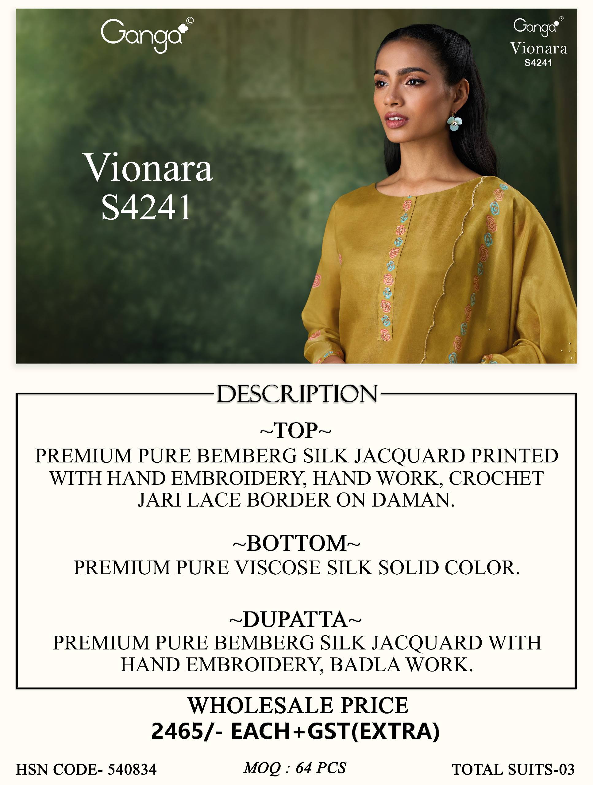 VIONARA 4241 Series By GANGA FASHION Stylish Beautiful Colourful PURE BEMBERG SILK Dresses At Wholesale Price